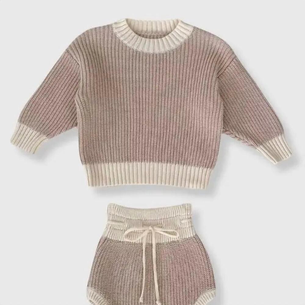 NEW BLEU & CO. kids' dinner roll knit sweater two-piece set in taupe